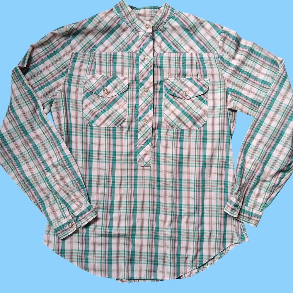 True Vintage Women's Shirt Small 80s Plaid Cottage Button-Up Shirt Stand Collar